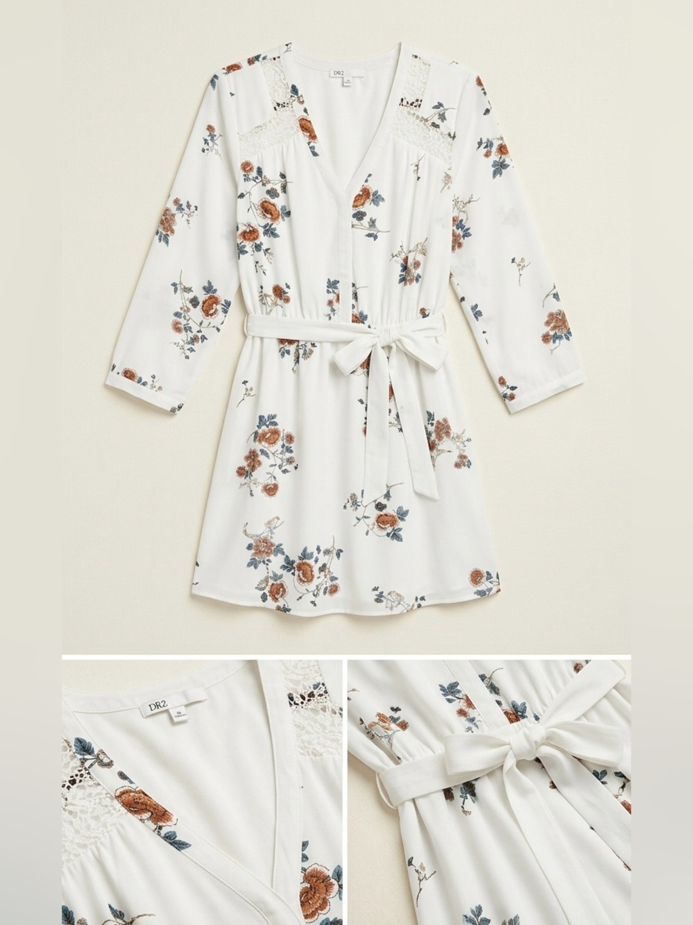 DR2 long sleeved mini Dress with tie and floral & lace detail - size 12